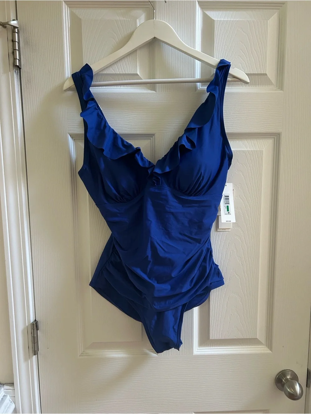 NWT DKNY Ruffle Plunge Underwire Tummy Control One Piece Swimsuit Blue Size L